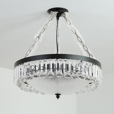 4-Head Crystal Prism Chandelier Vintage Black Circle Parlor Hanging Light with Bowl Textured Glass Shade
