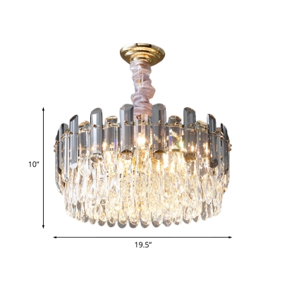 5 Lights Round Ceiling Chandelier Traditional Gold Finish Clear Crystal Prisms Pendulum Lamp