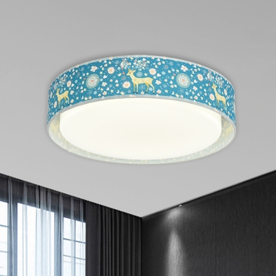 Animal-Print Fabric Drum Ceiling Fixture Cartoon Blue/Beige LED Flush Mount Recessed Lighting