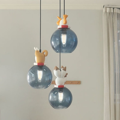 Animal Stuck In Ball Drop Pendant Cartoon Blue Glass 3-Light Bedroom Multiple Hanging Light