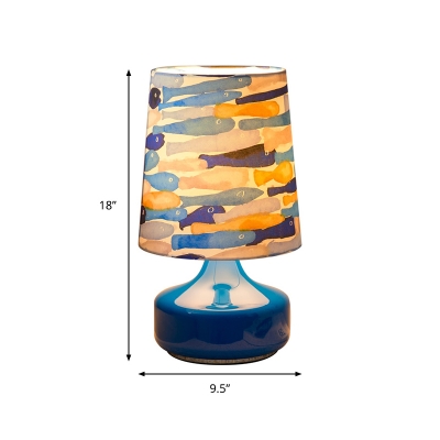 Aquarelle Fish Pattern Fabric Night Lamp Kids Style 1 Head Dark Blue Table Light with Barrel Lampshade
