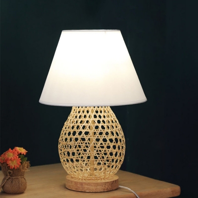 Bamboo Rattan Woven Oval Desk Lamp Asian Style Single Beige Night Light with White Fabric Shade