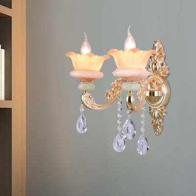Beveled Crystal Candelabra Sconce Traditionalism 2 Bulbs Bedroom Wall Lighting Fixture in Pink/Orange/Yellow