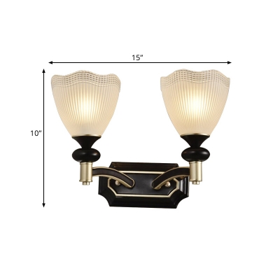Black 1/2 Heads Wall Lighting Fixture Countryside White Prismatic Glass Wavy Bowl Sconce Lamp