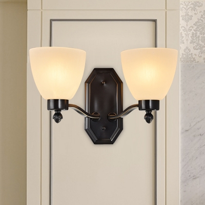 Black Bowl Shade Wall Light Fixture Country Style Frosted Glass 1/2 Bulbs Living Room Wall Mount Lighting