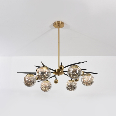 Black-Brass Radial Chandelier Postmodern 4/6 Bulbs Smoke Grey Glass Hanging Pendant over Dining Table