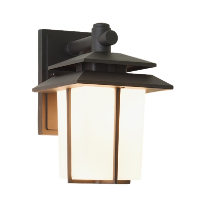 Black/Bronze Lantern Shaped Wall Lamp Retro Style Opal Glass 1 Head Outdoor Wall Mount Light