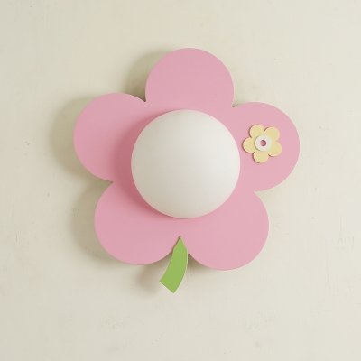 Blossom Wood Wall Light Fixture Cartoon Pink LED Sconce Lamp with Orb Milk Glass Shade
