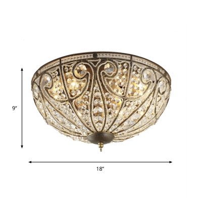 Bowl Crystal Flush Mount Light Traditional 3-Head Foyer Ceiling Lamp in Antique Bronze