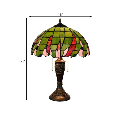 Bowl Night Lighting 2 Heads Stained Glass Mediterranean Nightstand Lamp in Green with Pull Chain