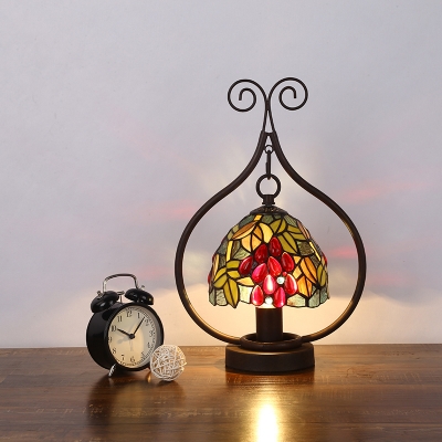 Bowl Table Light Mediterranean Stained Glass 1-Head Bronze Nightstand Lamp with Fruit Pattern
