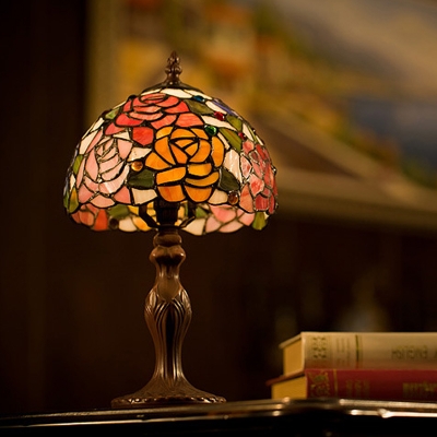 Bronze 1-Light Table Lamp Mediterranean Stained Glass Dome Nightstand Light with Flower Pattern