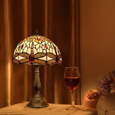 Bronze Dragonfly Night Table Light Victorian 1 Light Hand Cut Glass Nightstand Lamp with Domed Shade