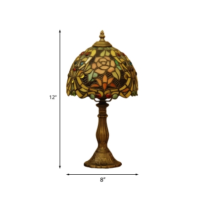 Bronze Flower Patterned Dome Night Light Tiffany 1-Light Stained Art Glass Table Lamp