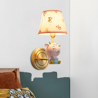 Butterfly Print Fabric Tapered Wall Light Cartoon 1 Head Gold Sconce Lighting with Sheep Decor