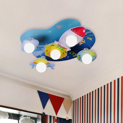 Cartoon 5 Bulbs Ceiling Light Blue Rocket Flush Mount Lamp with Global Frosted Glass Shade