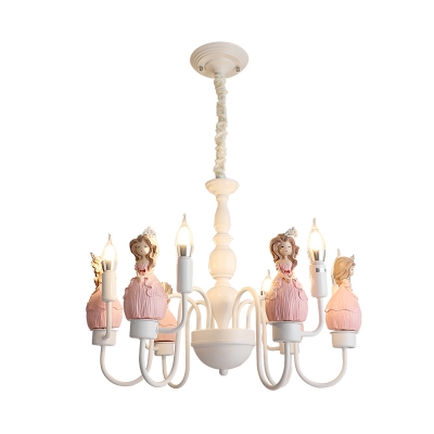Cartoon Cinderella Resin Chandelier 6 Lights Hanging Pendant with Candle Design in White and Pink