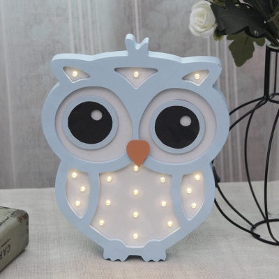 Cartoon Cute Owl Mini Night Light Wooden Kids Bedroom LED Wall Sconce Lighting in Blue/Pink