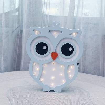 Cartoon Cute Owl Mini Night Light Wooden Kids Bedroom LED Wall Sconce Lighting in Blue/Pink