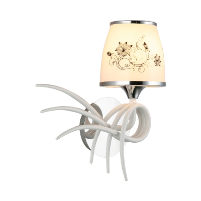Chrome 1 Bulb Sconce Lamp Pastoral White Glass Conical Wall Light with Flower Pattern and Curved Arm