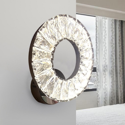 Chrome Circular Sconce Lamp Minimalist Clear Crystal Block LED Bedroom Wall Light Fixture