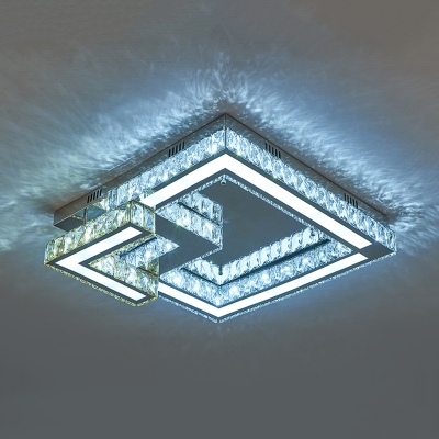 Chrome Square Ceiling Lamp Contemporary Faceted Crystal Dining Room LED Flush Light