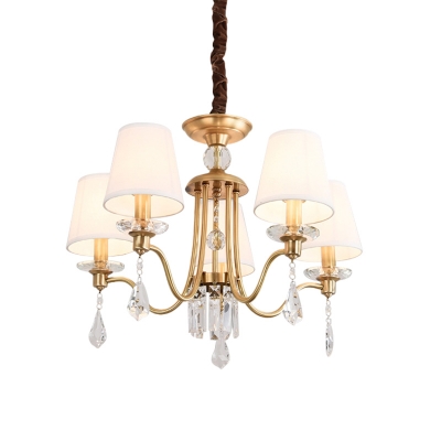 Cone Fabric Chandelier Lamp Antique 5 Bulbs Restaurant Ceiling Light in Brass with Crystal Drop