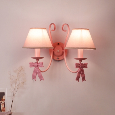 Cone Shade Girl's Room Wall Lamp Fabric 1/2-Bulb Macaron Wall Mount Light with Ribbon and Braided Trim in Pink