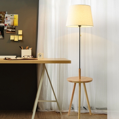 Conical Pull-Chain Floor Reading Lamp Simple Fabric 1 Bulb Bedroom Standing Light with Wood Tripod Table in Black/White