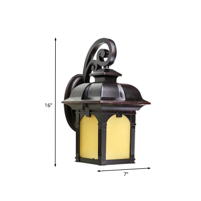 Cottage Curved Arm Wall Light Sconce 1 Light Metallic Wall Lamp in Coffee with Yellow Glass Shade