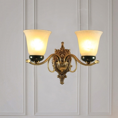 Country Scalloped Wall Lighting Fixture 1 Head Frosted Glass Wall Lamp in Brass with Carved Backplate