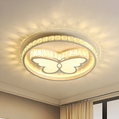 Crystal Butterfly and Circle Flush Light Contemporary Bedroom LED Ceiling Mount Fixture in White