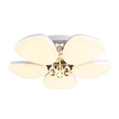 Crystal Detailing Flower LED Flush Light Minimalist White Acrylic Close to Ceiling Lighting Fixture