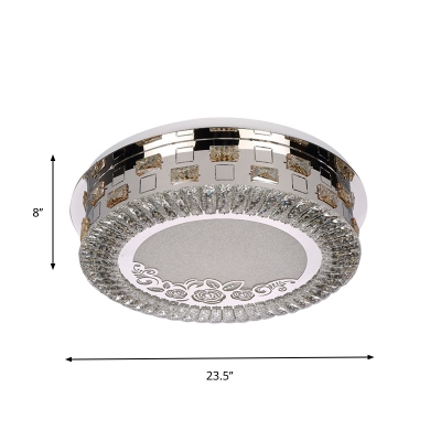 Crystal Drum Ceiling Mounted Lamp Simplicity Bedroom LED Flush Mount with Flower Pattern in Chrome