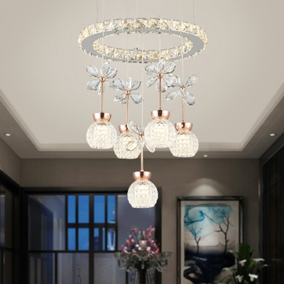 Crystal Floral Cluster Pendant Contemporary Dining Room LED Hanging Lamp with Dome Shade and Ring Top in Chrome