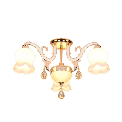Crystal Gold Semi Mount Lighting Half-Open Flower 4 Heads Modernist Flush Ceiling Light