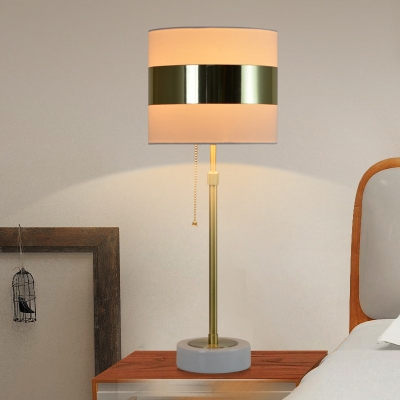Cylinder Pull-Chain Table Lamp Modern Fabric 1 Light White Night Lamp with Polished Gold Band