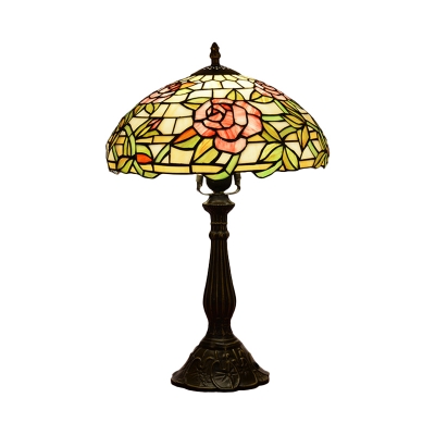 Dome Shade Table Lamp 1 Light Cut Glass Mediterranean Rose Patterned Nightstand Light in Bronze