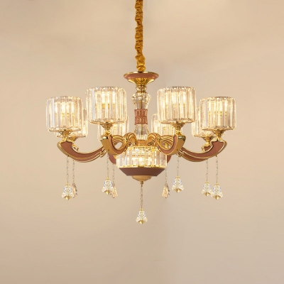 Drum Dining Room Hanging Lamp Modernist Crystal 8-Head Gold Finish Chandelier Light Fixture
