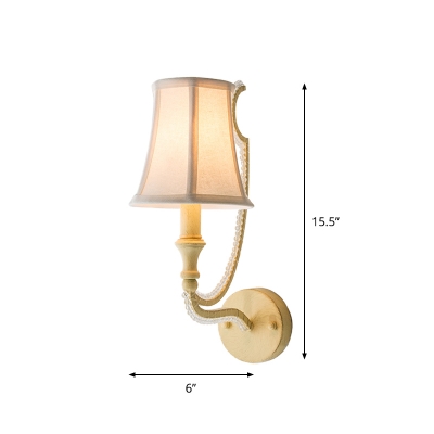 Fabric Bell Wall Light Traditional 1/2-Bulb Bedroom Wall Sconce with Crystal Ball in Beige/Aged Silver