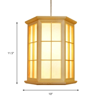 Faceted Cylinder Pendant Light Fixture Asia Wood Grid 1 Bulb Beige Hanging Lamp Kit