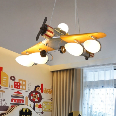 Fighter Jet Pendant Lamp Kid Cream Glass 5-Light Boy's Room Chandelier in Yellow