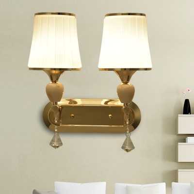 Flared Frosted White Glass Sconce Contemporary 2-Bulb Foyer Wall Mounted Light in Gold