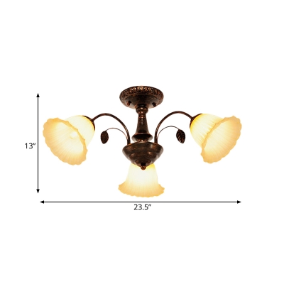 Flower White Glass Ceiling Lamp Classic Style 3/5-Head Bedroom Semi Flush Light with Swooping Arm