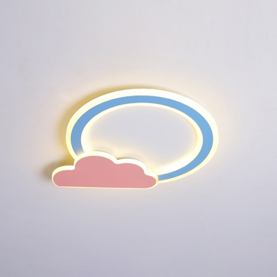 Full Moon Above Cloud Thin Flush Light Kids Acrylic Nursery School LED Ceiling Mount Lamp in Blue/Pink