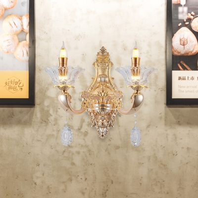 Gold Candle Wall Mount Lamp Traditional Metal 1/2-Bulb Lobby Sconce with Flower Clear Glass Lamp Holder