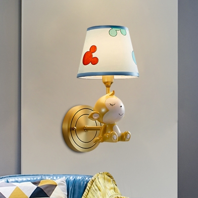 Gold Monkey Wall Mount Lamp Cartoon 1-Bulb Resin Wall Sconce with Blue Fabric Shade