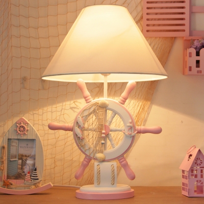 Green/Pink Ship Rudder Night Light Nautical 1-Light Wood Table Lighting with Wide Cone Fabric Lampshade