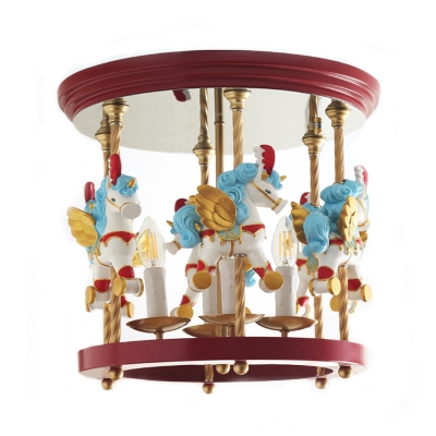 Hand Painted Unicorn Carouse Semi Flush Kids Style Resin 4-Light Blue/Pink/Red Ceiling Mount Chandelier