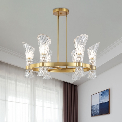 Horn Shaped Restaurant Ceiling Chandelier Contemporary Ribbed Crystal 6-Head Gold Pendant Light